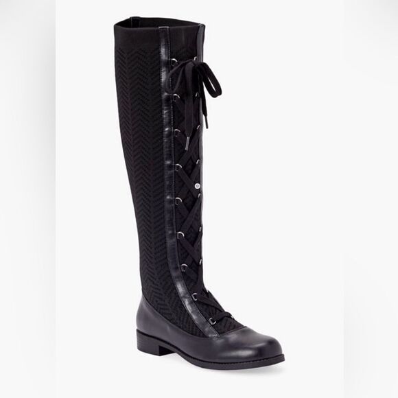 Polly Black Caviar Herringbone Textile Knit Tall Lace Up Pull On Combat Boots - Picture 1 of 16